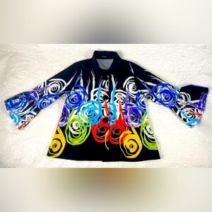Damee black multicolor abstract swirl mid length jacket, women’s size small.